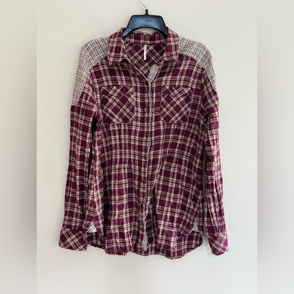 Free People Two-Tone Plaid Flannel Button Down, Raspberry Red & Light Grey, S - Picture 9 of 9
